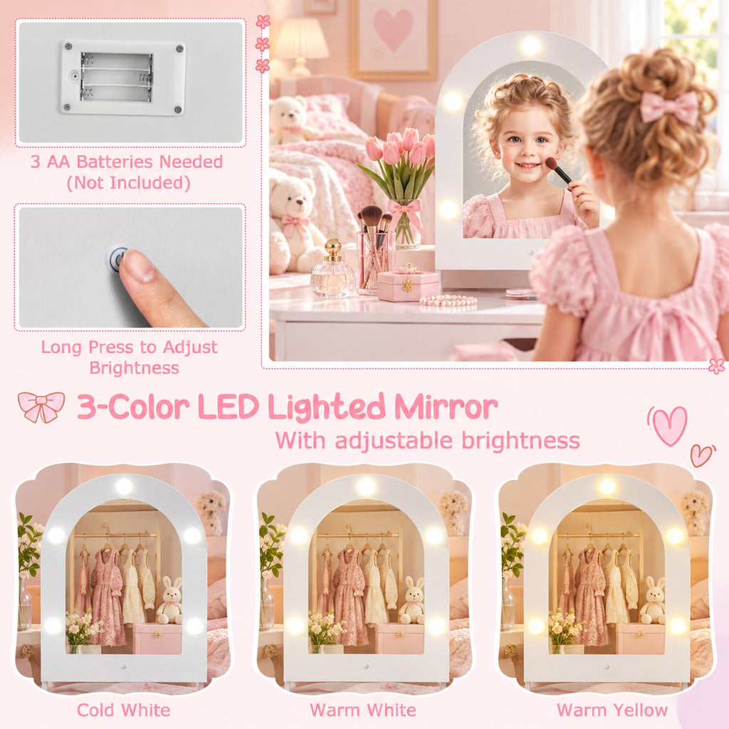 Airfind Kids Vanity Set Pretend Play Dressing Table Set with 3-Color Lighting Modes Adjustable Brightness and Mirror Cabinet, 44 lbs Capacity, White