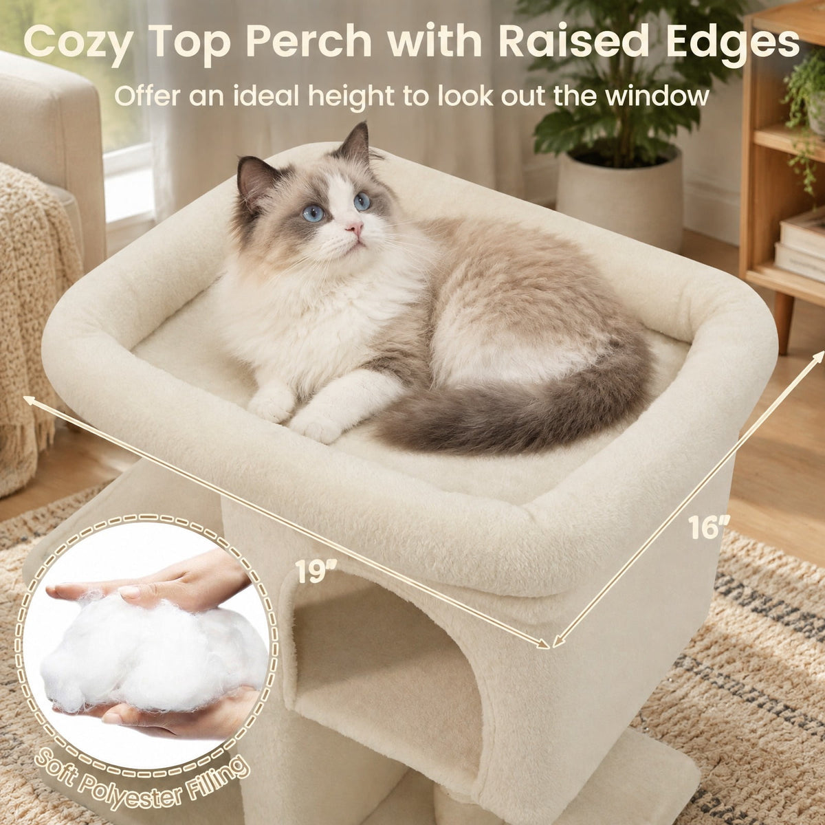 Airfind Modern Cat Tree Space-saving Cat Tower with Upholstered Perch and 2 Cat Condos, 22 lbs Capacity, 24 x 16 x 25.5 Condo Footprint, Beige