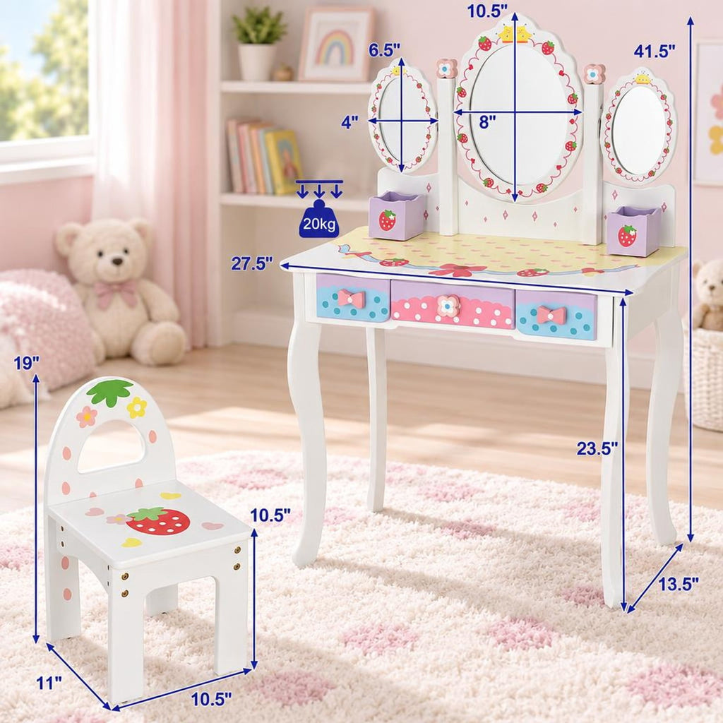Airfind Kids Vanity Princess Makeup Dressing Table Chair Set with Tri-fold Mirror, 44 lbs Capacity, MDF Frame, White