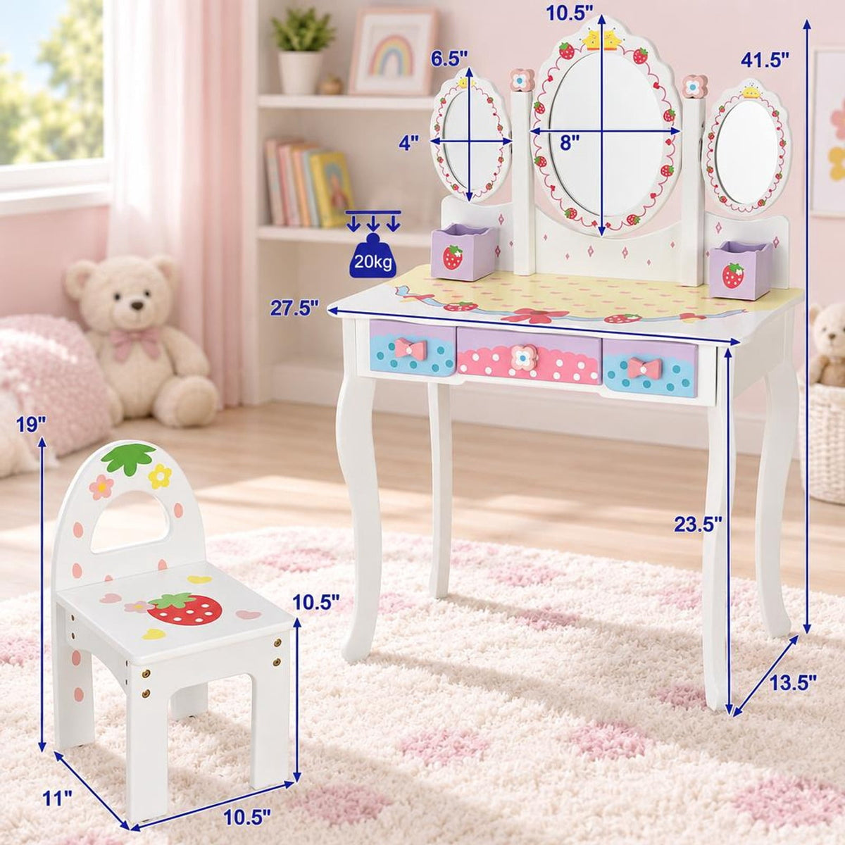 Airfind Kids Vanity Princess Makeup Dressing Table Chair Set with Tri-fold Mirror, 44 lbs Capacity, MDF Frame, White