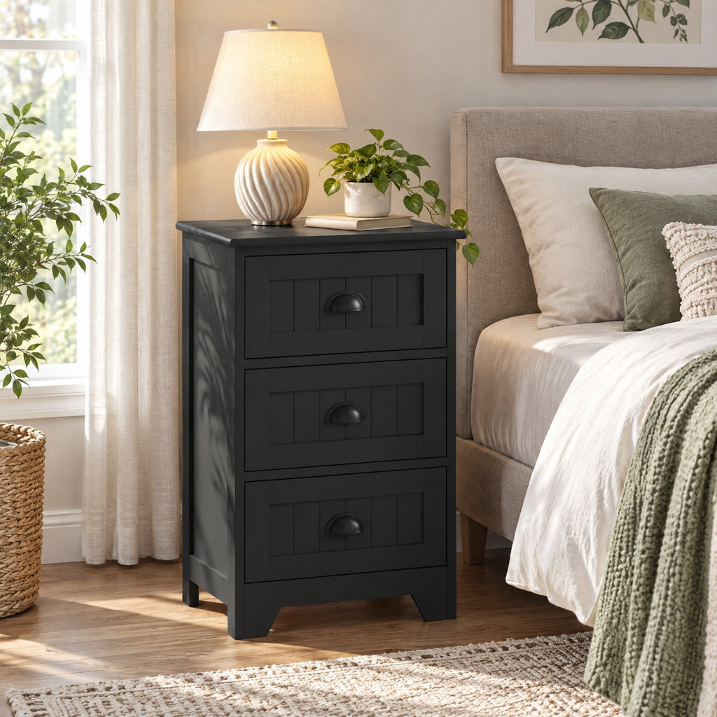 Airfind 3 Drawers End Storage Wood Side Nightstand, 88 lbs Capacity, P2 MDF Frame, 18 x 12 x 27 Footprint, Black