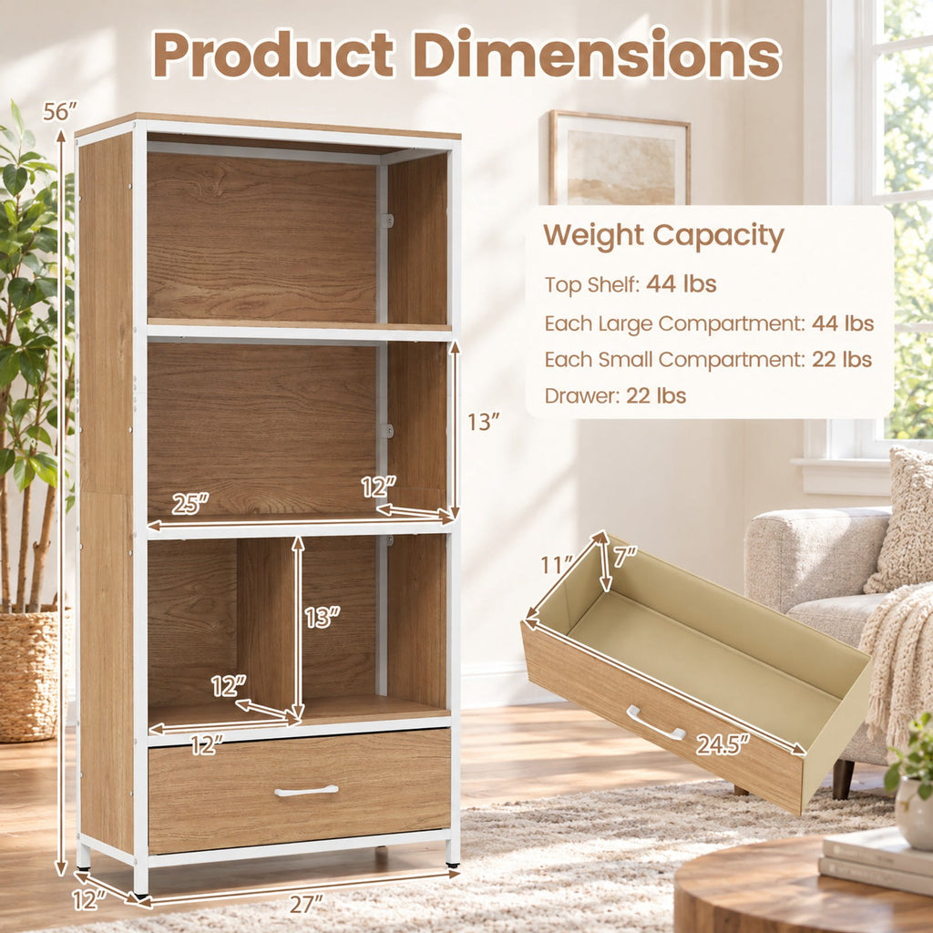 Airfind 56in Tall Freestanding Bookcase with Drawer 5 Tier, 44 lbs Capacity, Engineered Wood Metal Frame, 27in x 12in x 56in Footprint, Natural