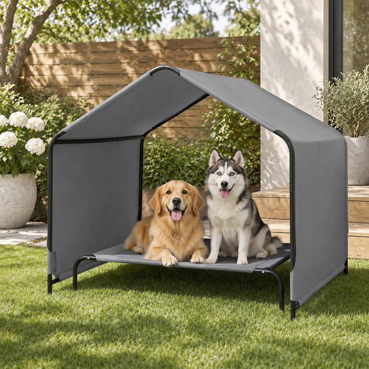 Airfind Outdoor Dog Shade Shelter with reliable Roof and Ground Stakes for Deck, 420D Oxford Fabric Metal, 51 Inch x 46.5 Inch x 42.5 Inch