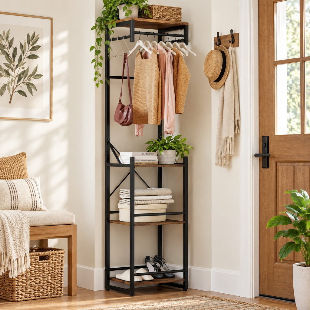Airfind Freestanding Coat Rack with 4 Storage Shelves and 6 Hooks, 22 lbs Capacity, Metal Engineered Wood, 16 Inch x 12 Inch x 64 Inch , Brown
