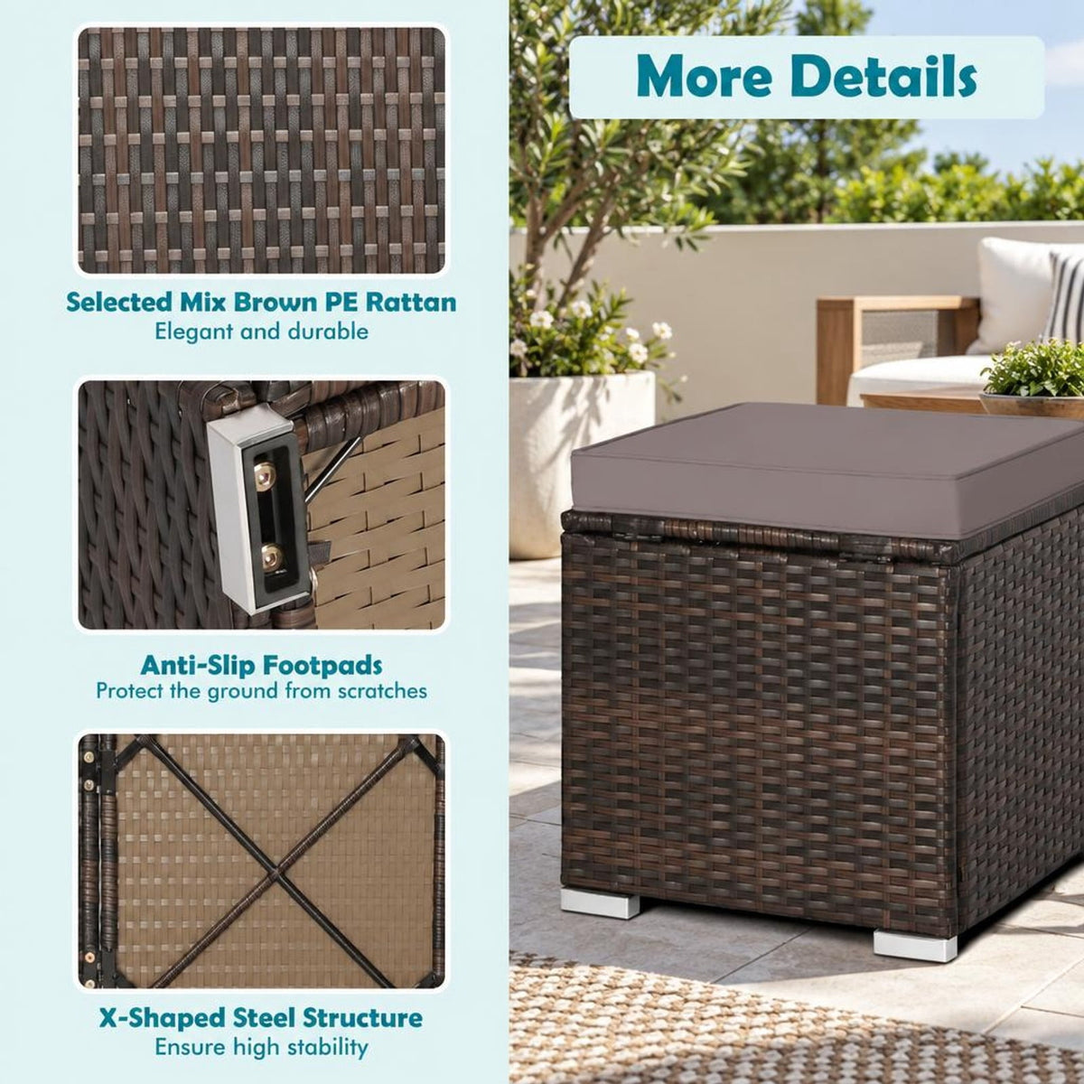 Airfind 2 Pieces Patio Ottoman with Removable Cushions, 350 lbs Capacity, Metal PE Rattan Sponge Polyester Frame, 16 x 16 x 15.5 Footprint, Gray