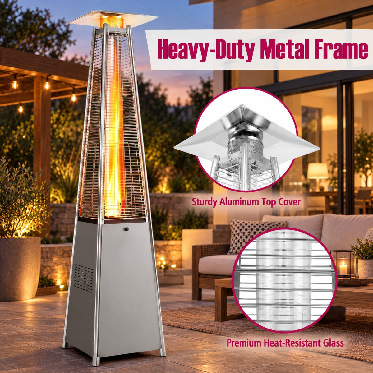 Airfind 45000 BTU Pyramid Patio Heater with Zippered Cover Triple Safety Protection and wheels, Gray