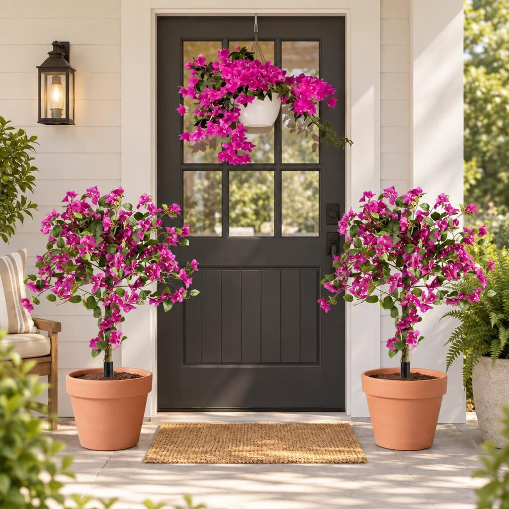 Airfind 2 Pack Artificial Bougainvillea Trees with Ground Spike and PE Trunks for Porch, Pink + Green