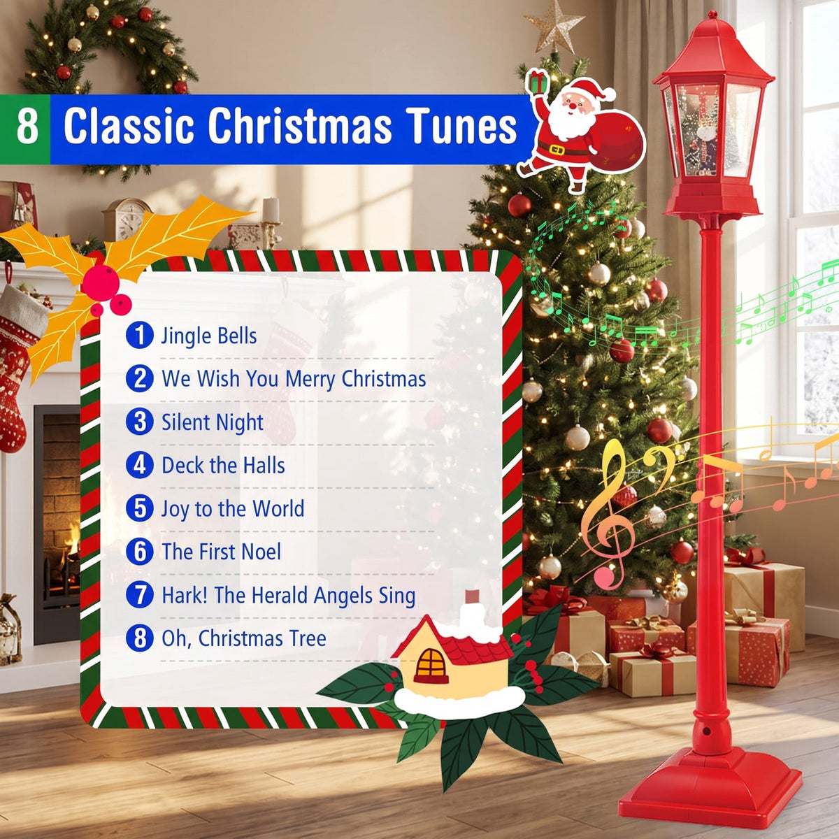 Airfind 5.3 Feet Musical Christmas Street Lamp featuring 60 Warm White LED Lights, ABS PP PVC, 12.5 Inch x 12.5 Inch x 64 Inch Lantern, Red