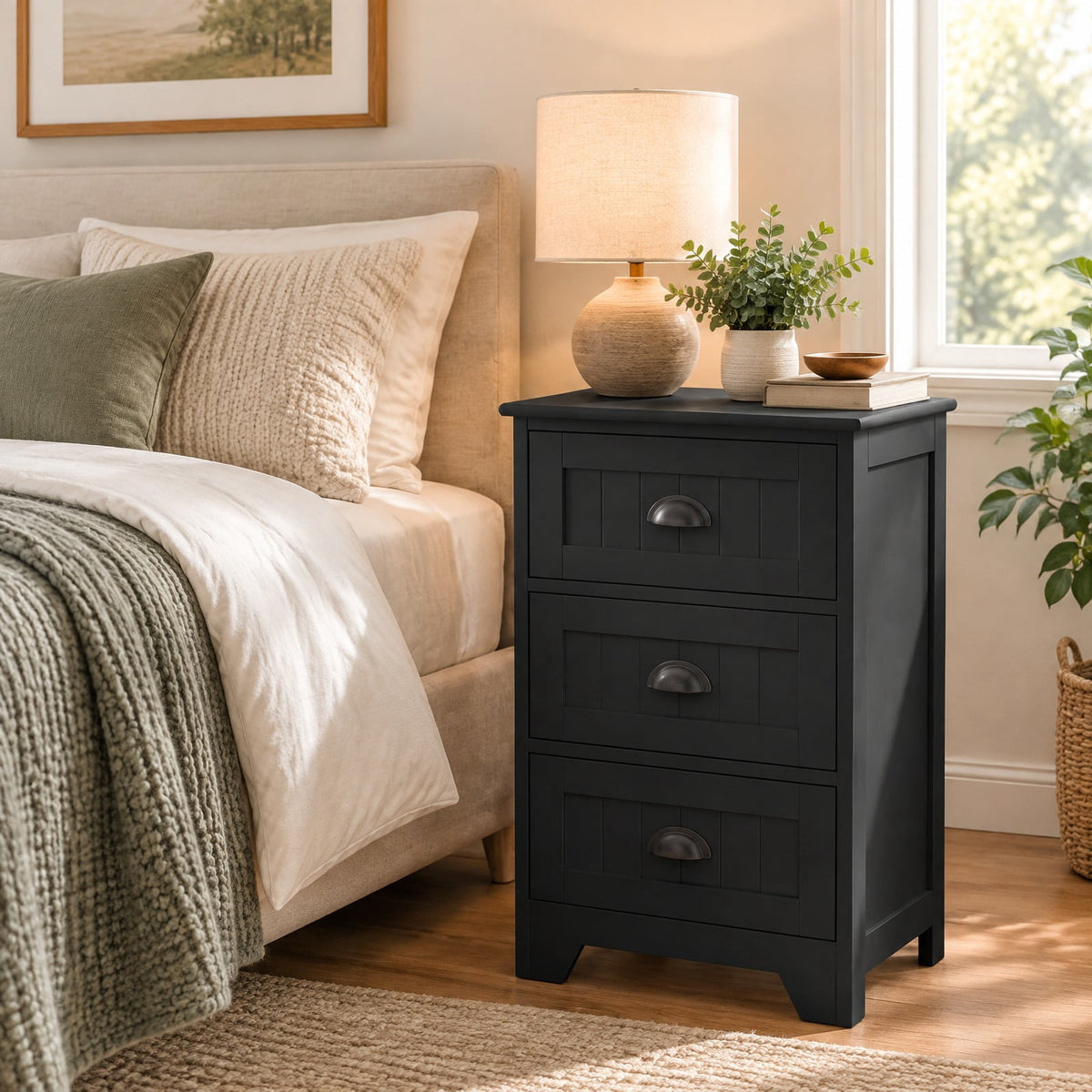 Airfind 3 Drawers End Storage Wood Side Nightstand, 88 lbs Capacity, P2 MDF Frame, 18 x 12 x 27 Footprint, Black