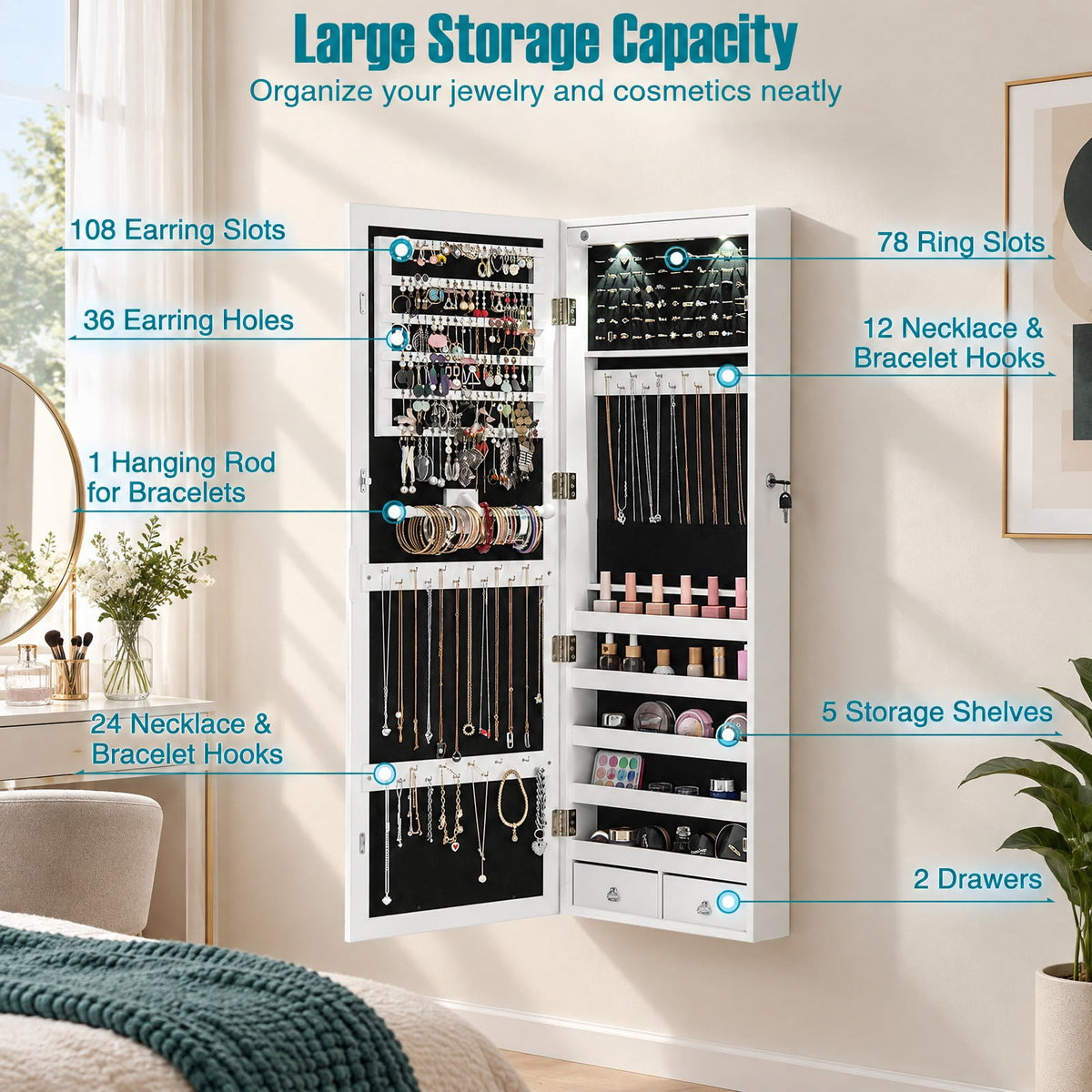 Airfind Lockable Wall Mount Mirrored Jewelry Cabinet with LED Lights, MDF Type: Wall/Door mounted Frame, 14.6 Inch x 3.8 Inch x 43.3 Inch Footprint, White