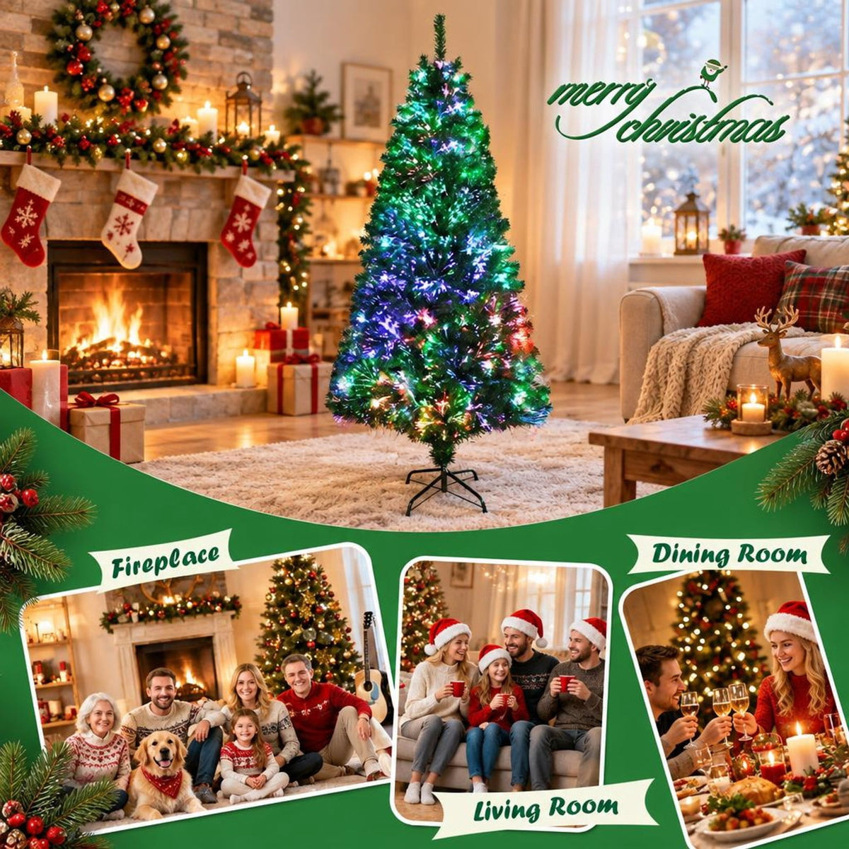 Airfind Pre-lit Multi-Colored Fiber Optic Spruce Artificial Christmas Tree-5 ft, PVC Metal Fiber Optic Height: 5/7 Ft Width: 2.5/3 Ft Frame
