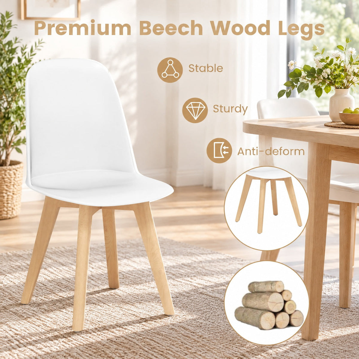 Airfind Modern Dining Chair Set of 2 with Solid Beech Wood Legs and Tilt Backrest, 330 lbs Capacity, PP Beech Wood Frame, White