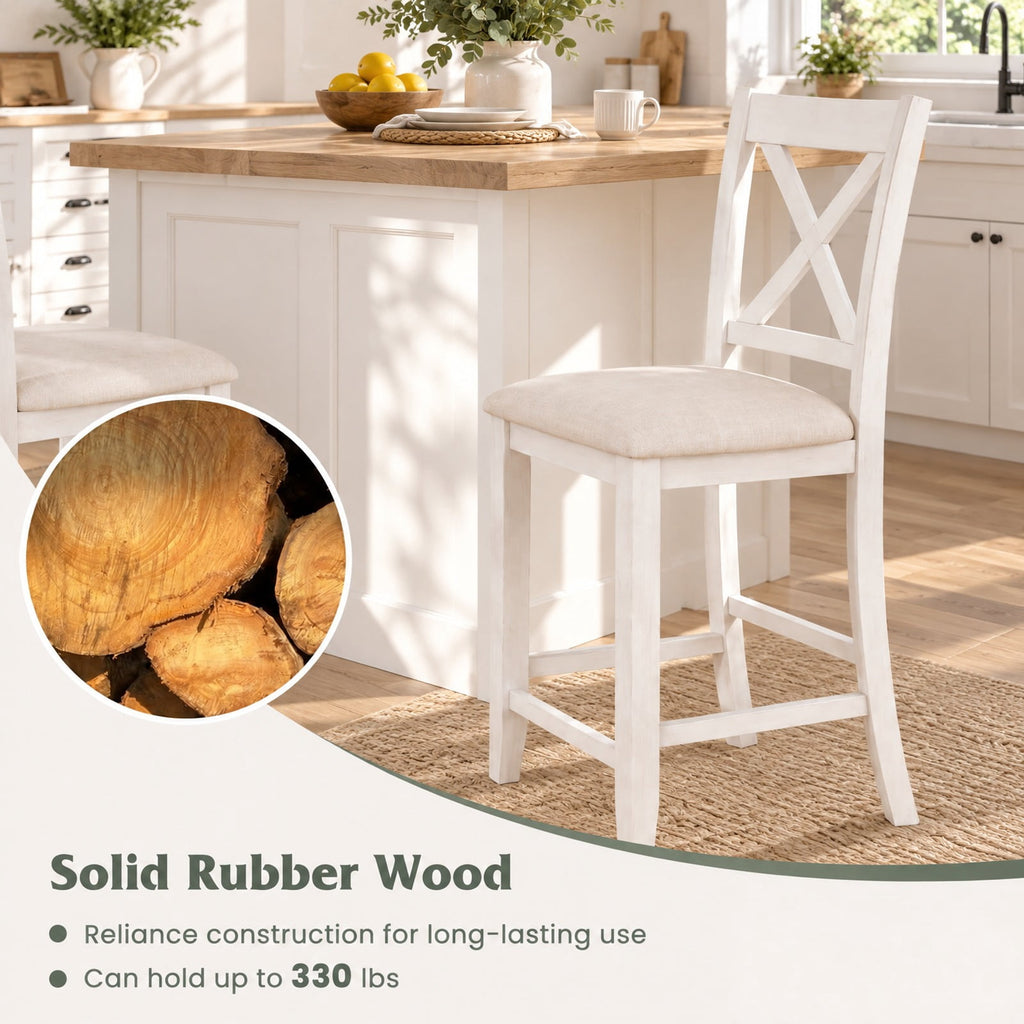 Airfind Modern Farmhouse Counter Height Stools with Footrest and Cushion, 330 lbs Capacity, Rubber MDF Linen Sponge Frame, White