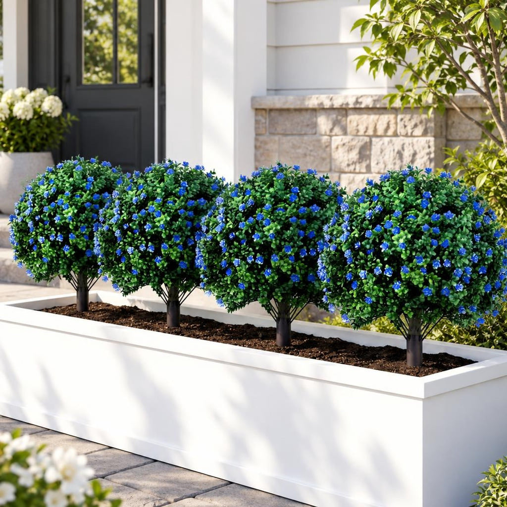Airfind 2 Pack Artificial Flowering Boxwood Topiary Ball Trees 27.5 Inches Faux Floral Shrubs, PP PE Frame for Everyday Use, Green