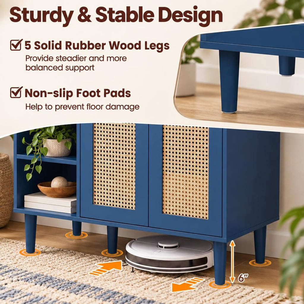 Airfind 36 Inch Under Sink Cabinet Boho for Vessel Sinks and Single-Handle Faucets, 265 lbs Capacity, MDF Rubber Wood PE Rattan Metal Frame, Navy