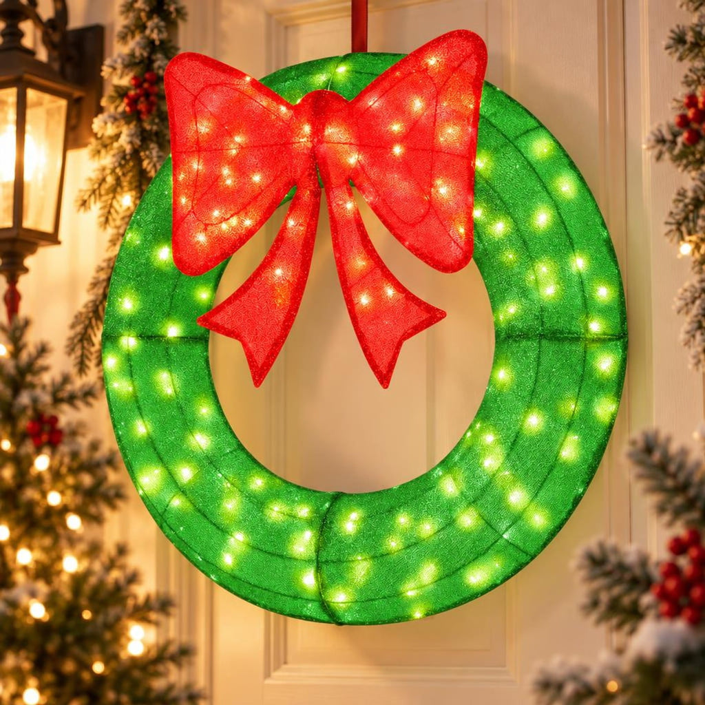 Airfind 48 Inch Pre-Lit Lighted Christmas Mesh Wreath with Bow and 200 LED Bulbs, Metal Mesh Fabric Frame, 29 x 30 Footprint, Green