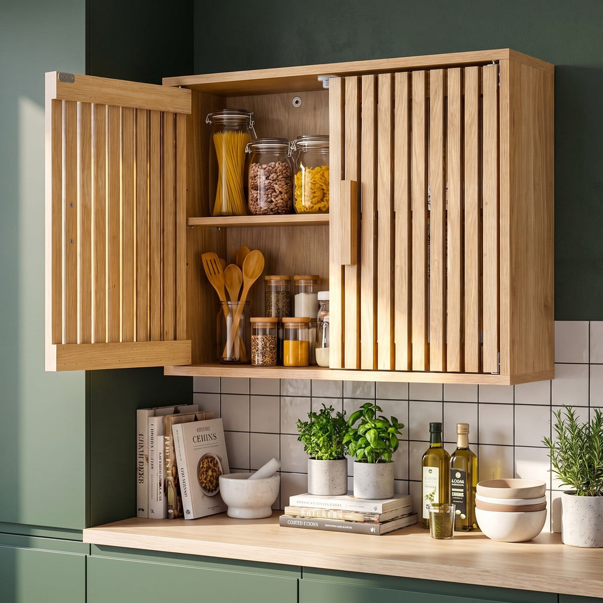 Airfind Bathroom Wall Cabinet with 2 Slatted Doors and 3-Level Adjustable Shelves, 22 lbs Capacity, Engineered Wood Frame, 24 x 8 x 20 Footprint