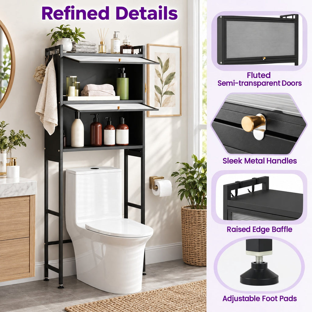 Airfind Over-the-toilet Cabinet Bathroom Organizer with 2 Flip-up Cabinets, 33 Lbs Capacity, Carbon Steel PC Plastic, Black
