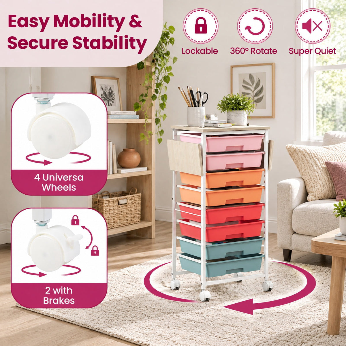 Airfind 8-Drawer Rolling Cart with Wooden Tabletop and Folding Side Panels for Living Room, 33 lbs Capacity, Metal PP Engineered Wood Frame