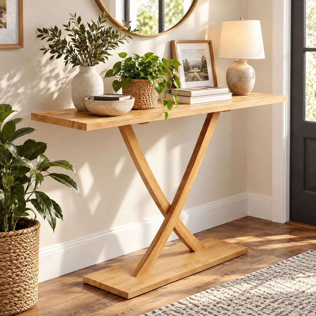 Airfind 57 Inch Solid Wood Console Table with Teak Wood Frame and Geometric Design, 110 lbs Capacity, Teak Wood Frame, 57 x 12 x 32 Footprint