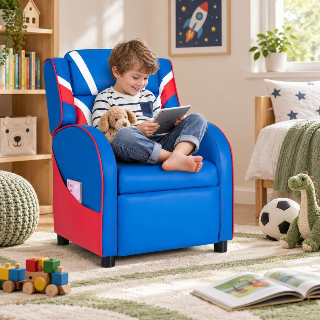 Airfind Kids Leather Recliner Chair with Side Pockets, Solid wood PU leather sponge plastic iron Frame, for 3-9 years old, Blue