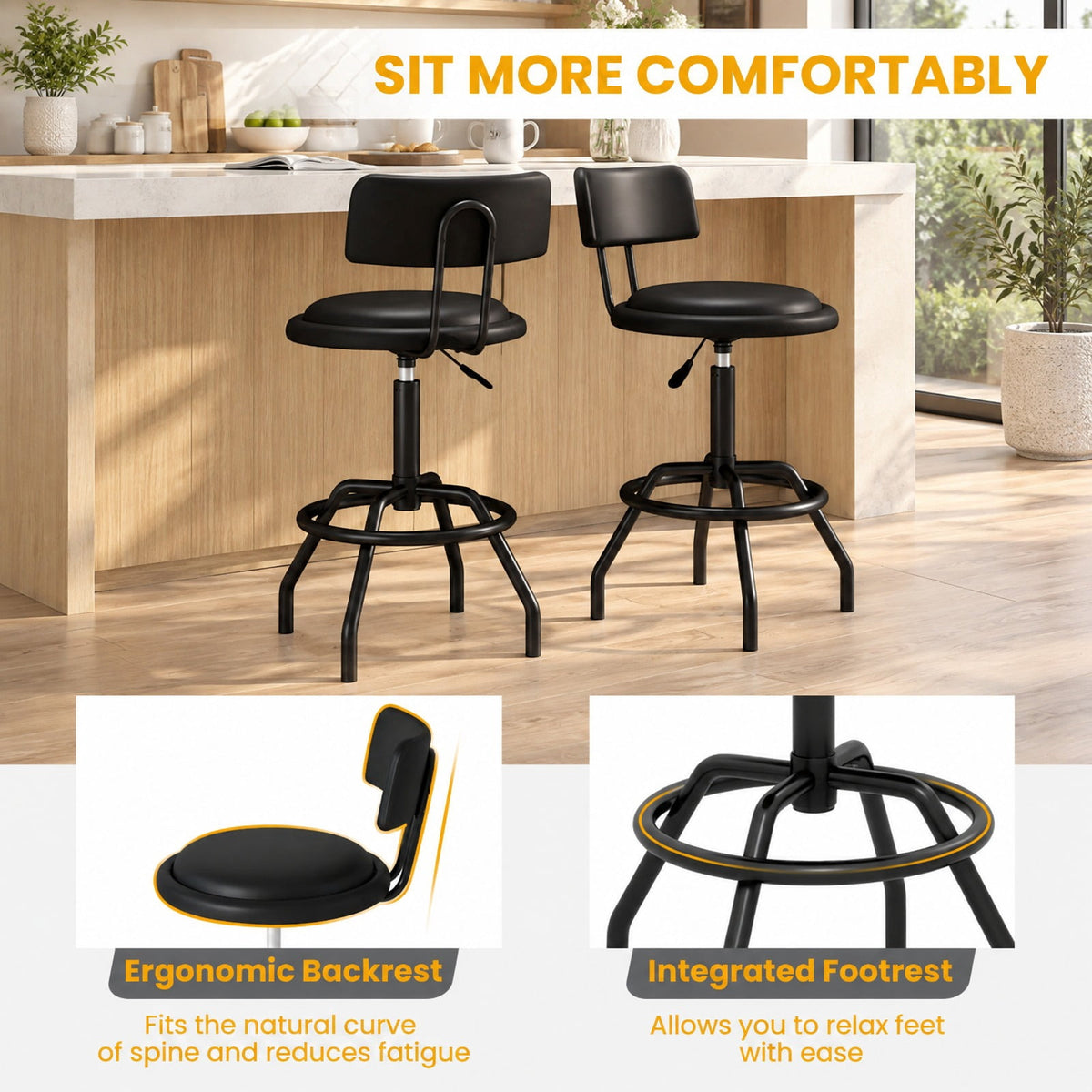 Airfind /2 360° Swivel Counter, Set of 1, Height Barstool with Padded Seat and Back-2 Pieces, 330 lbs Capacity, Metal PU Sponge Plywood Frame, Black