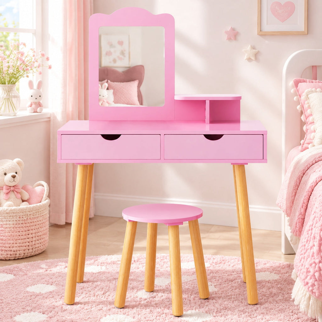 Airfind Kid Vanity Table Chair Set with Mirror and 2 Large Storage Drawers, 44 lbs Capacity, Pine wood MDF Frame, 28in x 13in x 39in Footprint, Pink