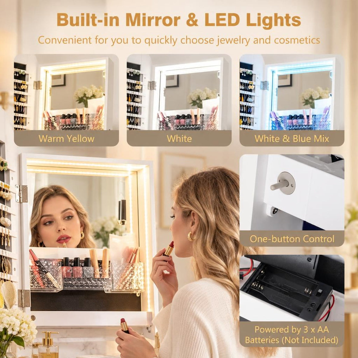 Airfind Swivel Jewelry Cabinet with Full-Length Mirror and LED Lights and Storage Shelves, Engineered Wood Frame, 22in x 22in x 65in Footprint, White
