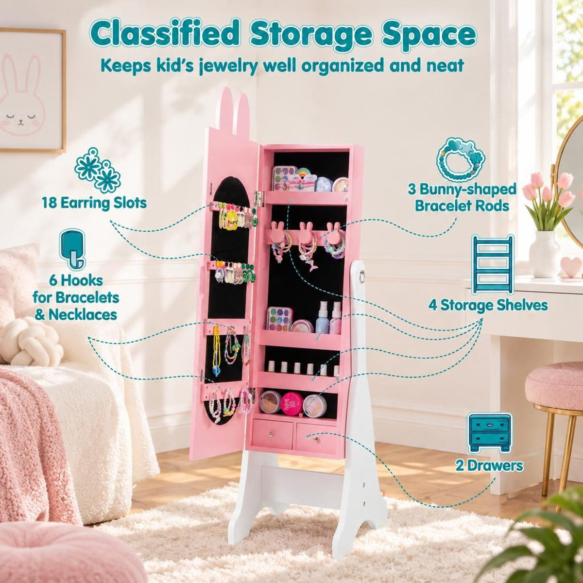Airfind Youth Jewelry Armoire Cabinet with 2 Tilt Angles and Large Capacity, Mdf, 13.5 Inch X 12 Inch X 45 Inch with MDF and Glass Construction, Pink