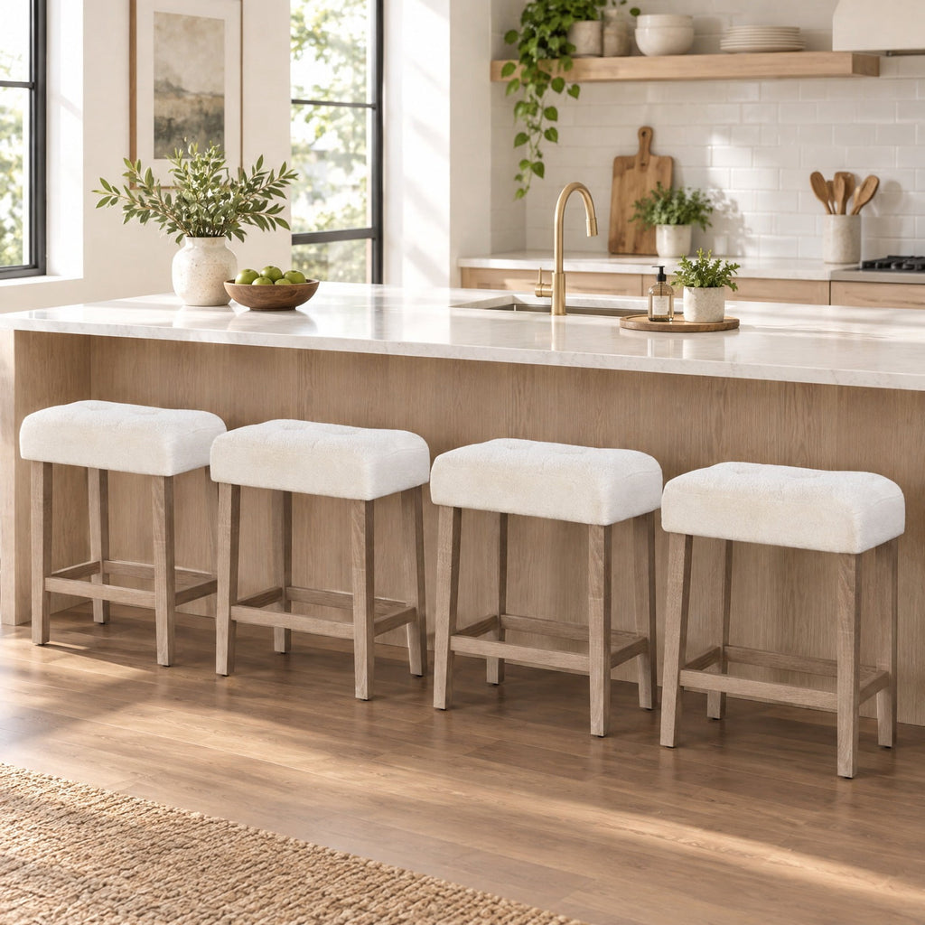 Airfind Modern Counter Height Bar Stools Set of 2 with Rubber Wood Legs, 350 lbs Capacity, Sherpa Fabric Rubber Wood MDF Sponge Frame, White