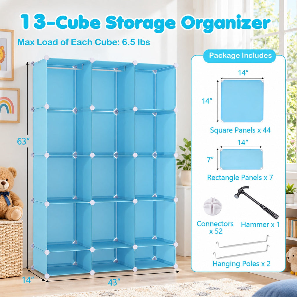 Airfind Modular Baby Wardrobe with 13 Cubes and Hanging Rod and Shelves Stackable, 6.5 lbs Capacity, PP Frame, 43 x 14 x 63 Footprint, Blue
