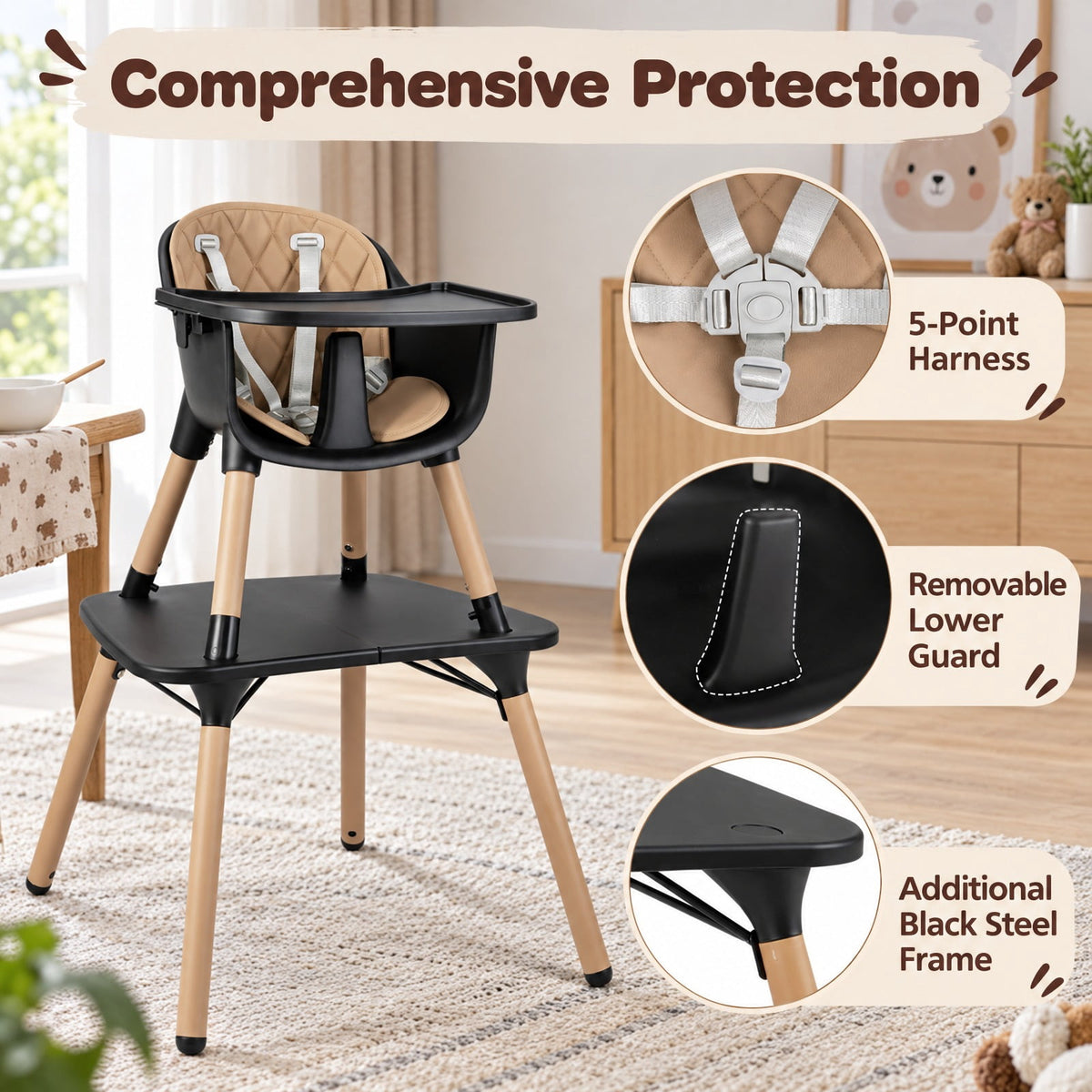 Airfind 4-in-1 Youth Convertible Youth Table Chair Set featuring PU Cushion, 33 lbs Capacity, PU PP Metal Frame, for 6-36 Months, Brown