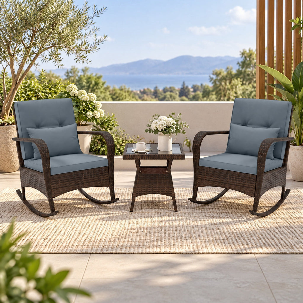 Airfind 3 Piece Outdoor Rocking Set with Tempered Glass Coffee Table for Backyard Poolside, PE Rattan Metal Tempered Glass Polyester Sponge Frame