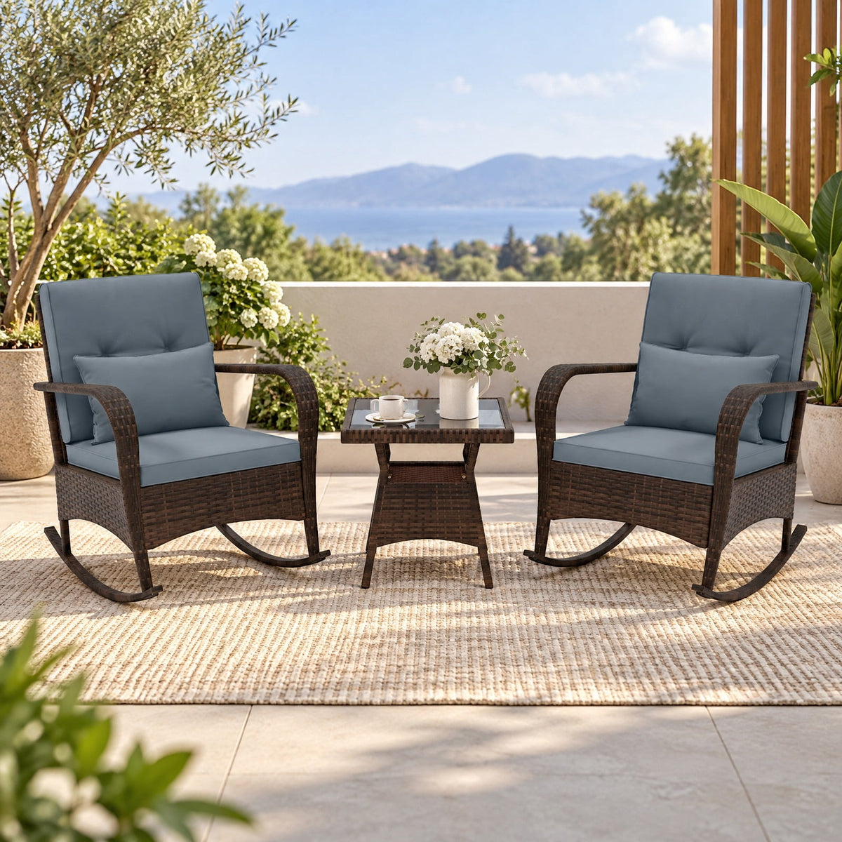 Airfind 3 Piece Outdoor Rocking Set with Tempered Glass Coffee Table for Backyard Poolside, PE Rattan Metal Tempered Glass Polyester Sponge Frame