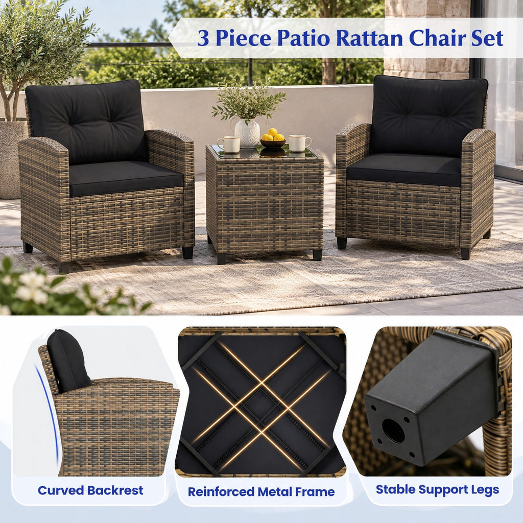 Airfind 3 Pieces Patio Furniture Set with Tempered Glass Coffee Table-Black Brown, 400 lbs Capacity, 25.5 x 26 x 30 Footprint, Coffee
