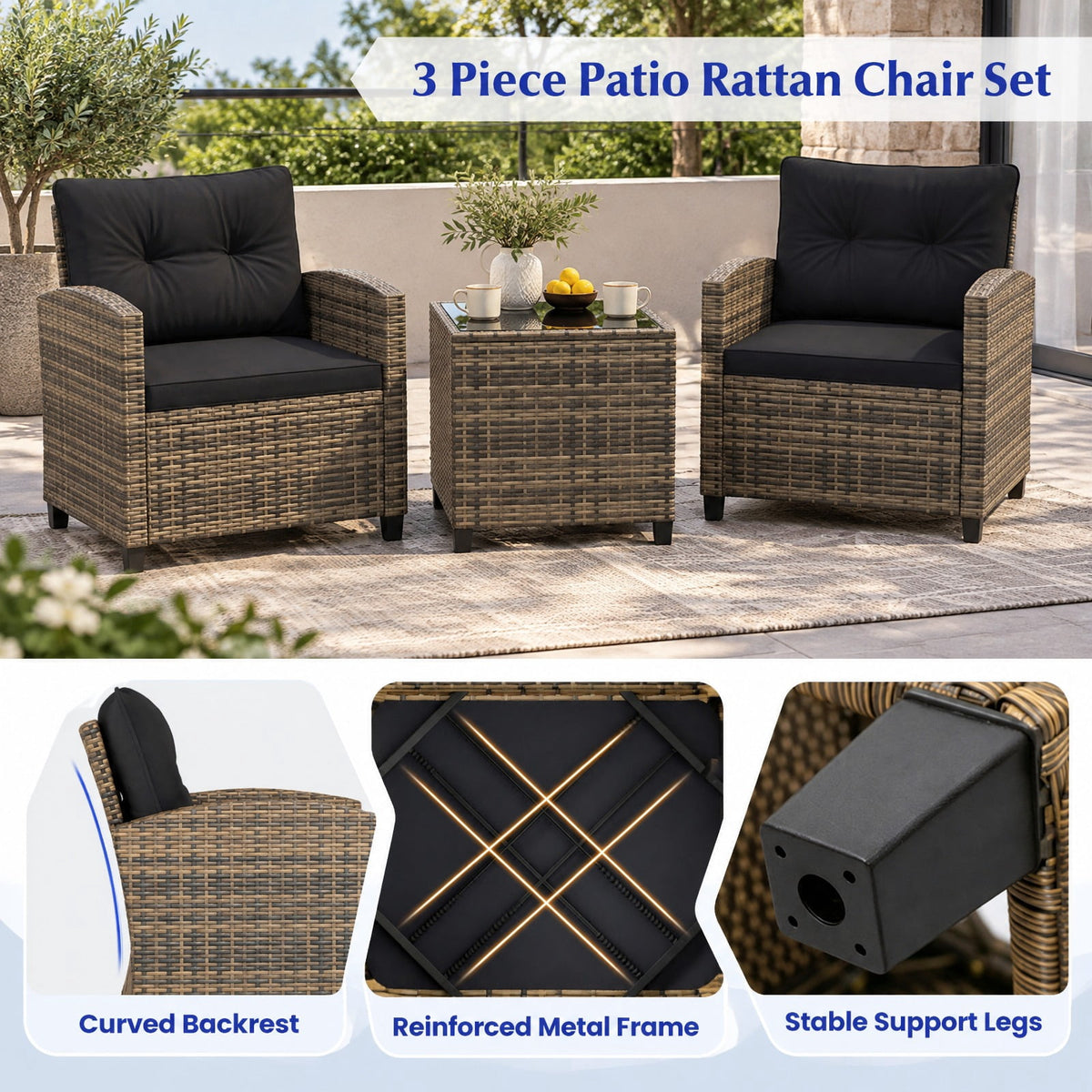 Airfind 3 Pieces Patio Furniture Set with Tempered Glass Coffee Table-Black Brown, 400 lbs Capacity, 25.5 x 26 x 30 Footprint, Coffee