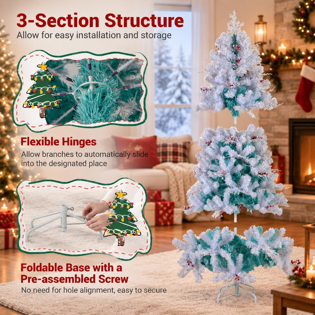 Airfind Pre-Lit Artificial Christmas Tree with Snow Flocked Branch Tips, PVC PE Metal Frame, 3.8 x 6 ft Footprint, White+Lake Blue
