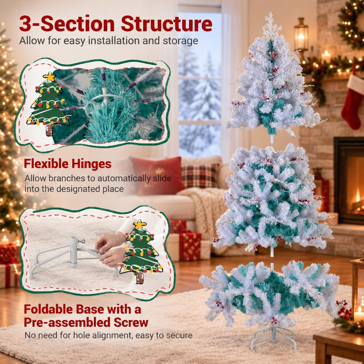 Airfind Pre-Lit Artificial Christmas Tree with Snow Flocked Branch Tips, PVC PE Metal Frame, 3.8 x 6 ft Footprint, White+Lake Blue