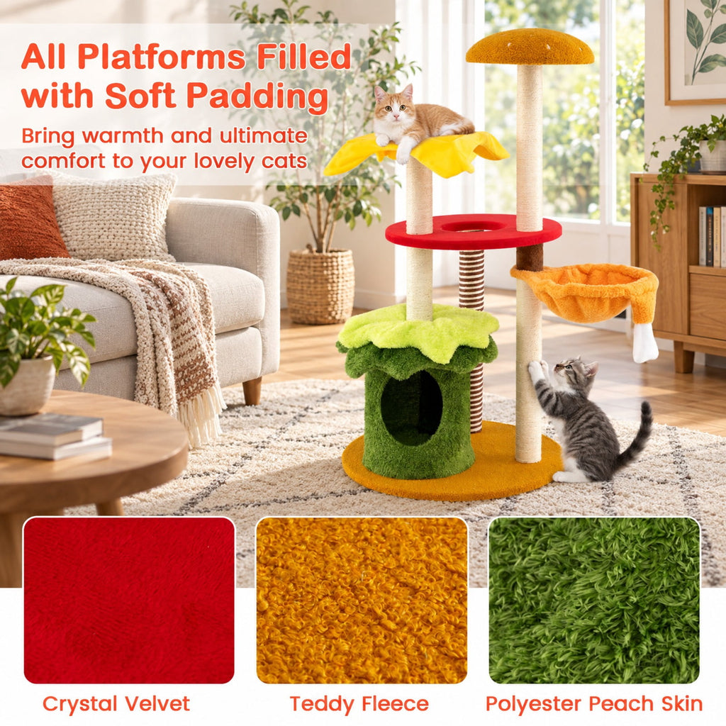 Airfind 46 Inch Tall Cat Tree Multi-Level with Padded Perch and Hanging Basket Bed, 22 lbs Capacity, 24 Inch x 46 Inch (Dia. x H) Condo Footprint, Yellow