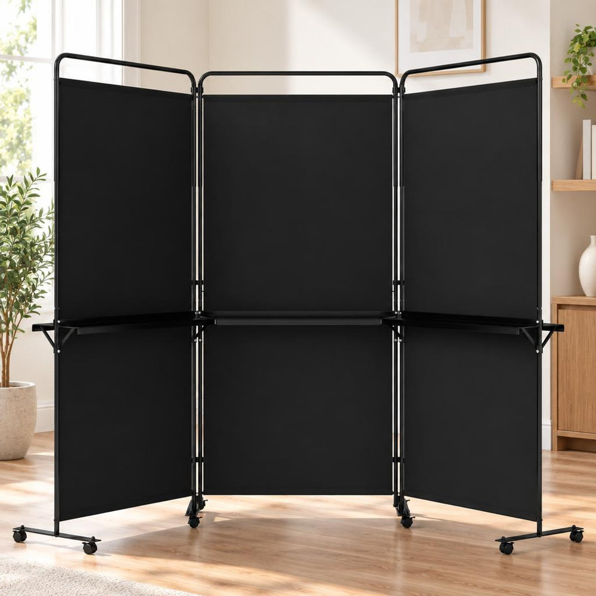 Airfind 3-Panel Room Divider with Shelves 6 FT Tall Folding Privacy Screen with Lockable Wheels, Polyester Fabric Metal Frame, Black