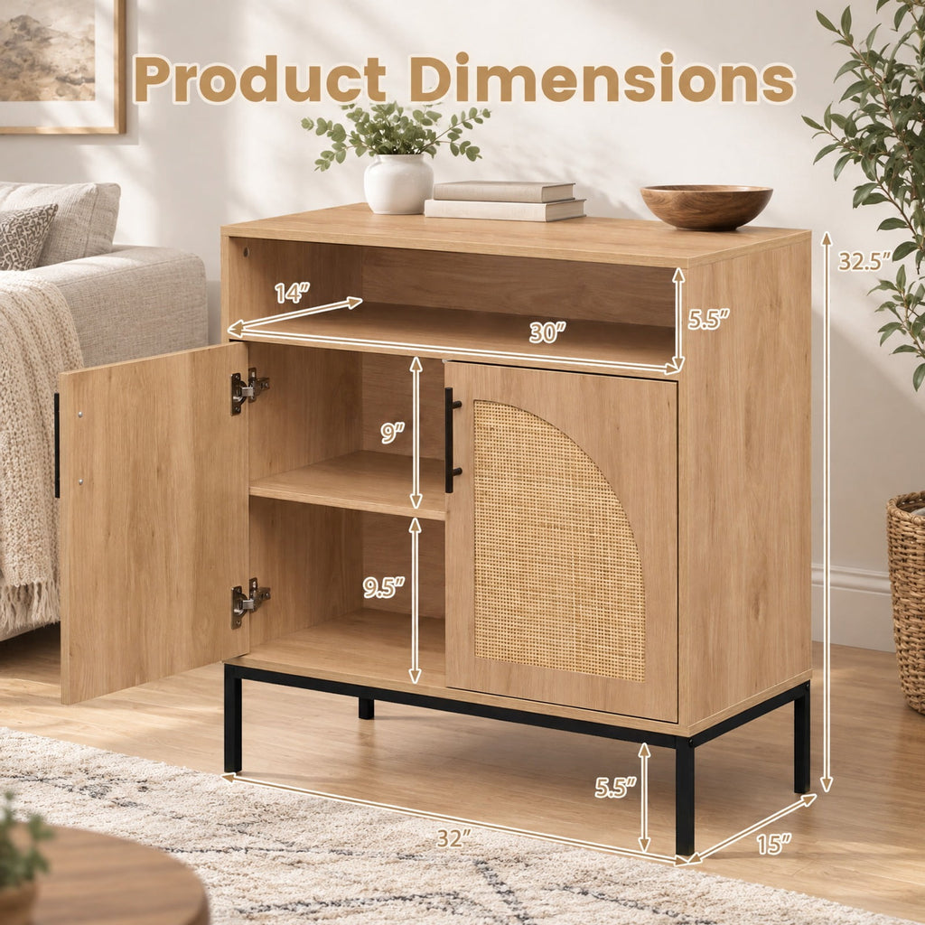 Airfind 32 Sideboard Buffet Cabinet with 2 Natural Rattan Decorated Doors and Adjustable Shelf, 145 lbs Capacity, 32 x 15 x 32.5 Footprint