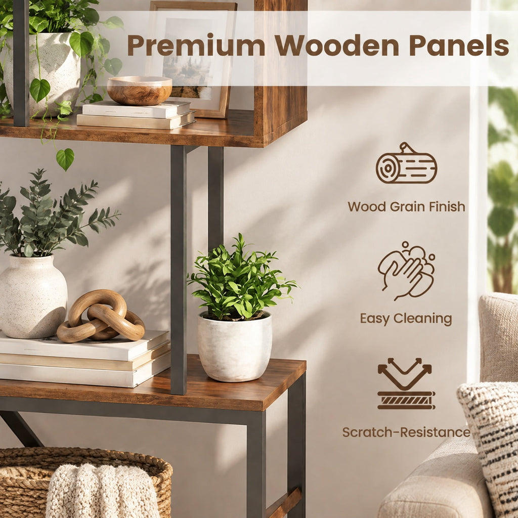 Airfind 6-Tier Bookshelf Floor Standing Tree S-Shaped Geometric Bookcase with Open Shelves, 44 lbs Capacity, Engineered Wood Metal Frame, Brown