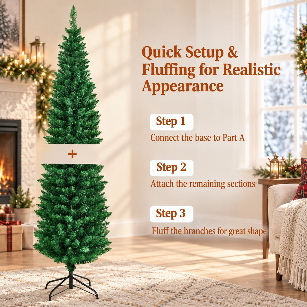 Airfind PVC Artificial Slim Pencil Christmas Tree-6 Feet, PVC iron 5 Ft: Frame, 2ft x 5ft Footprint, Green
