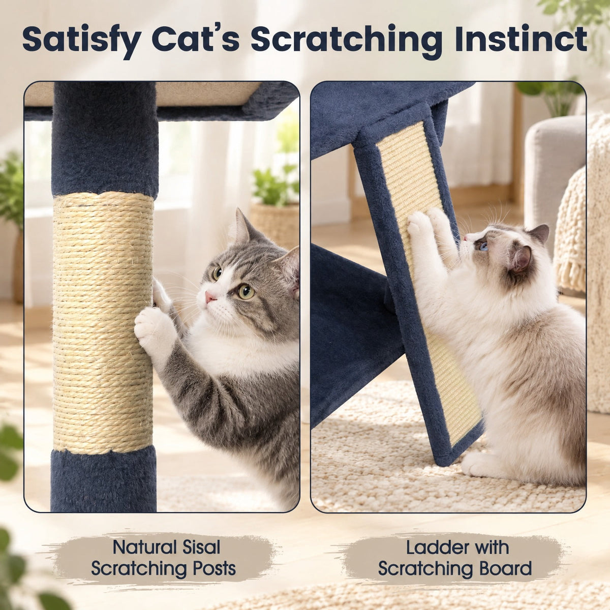 Airfind 65 Inch Tall Multi-level Cat Tree with 3 Upholstered Perch and 2 Cat Condos, Fabric Sisal Engineered Wood Overall Height 65 Inch Base Frame