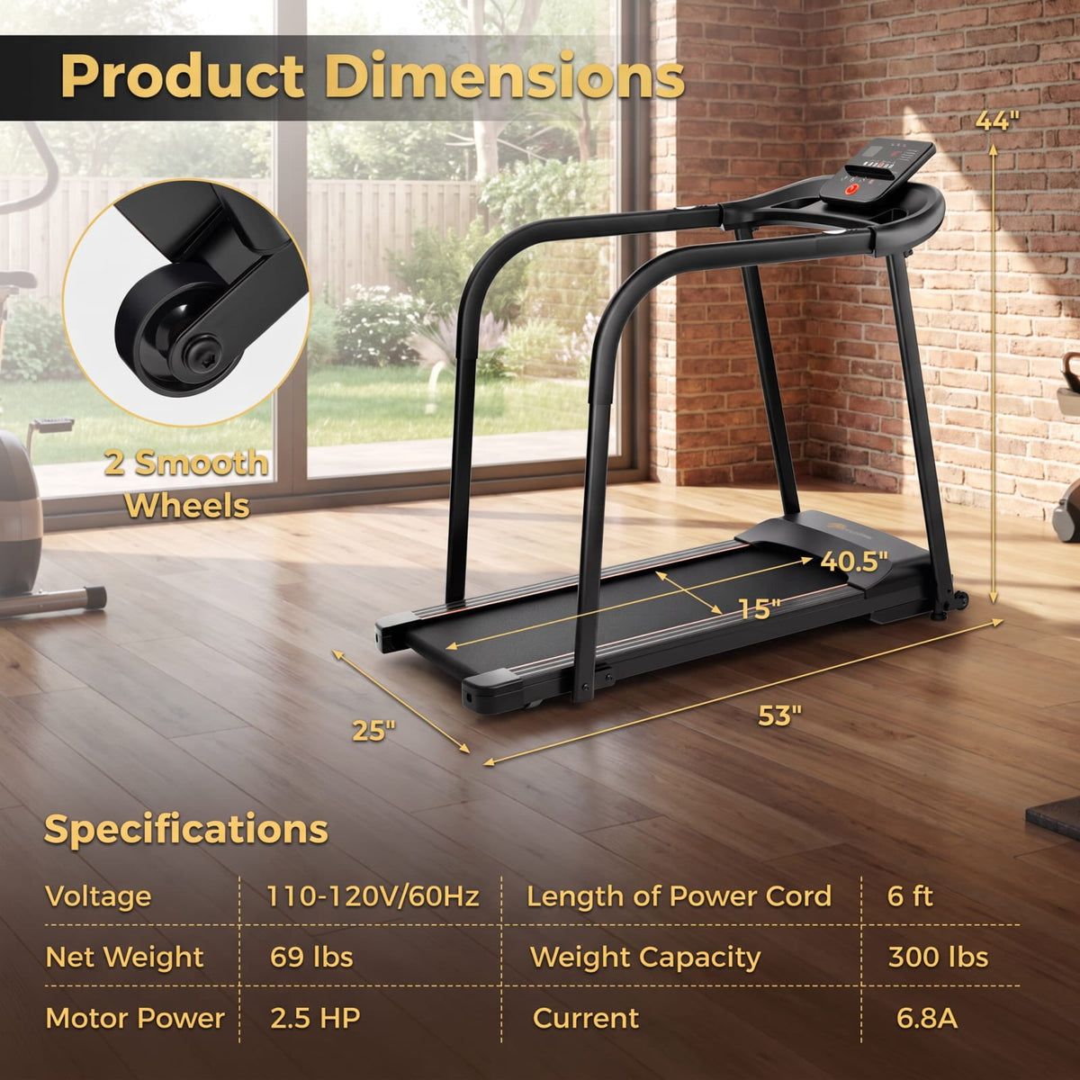 Airfind 2.5 HP Walking Treadmill with Long Handrails and 15 Preset Programs for Seniors Home Gym Low Impact Cardio, Black