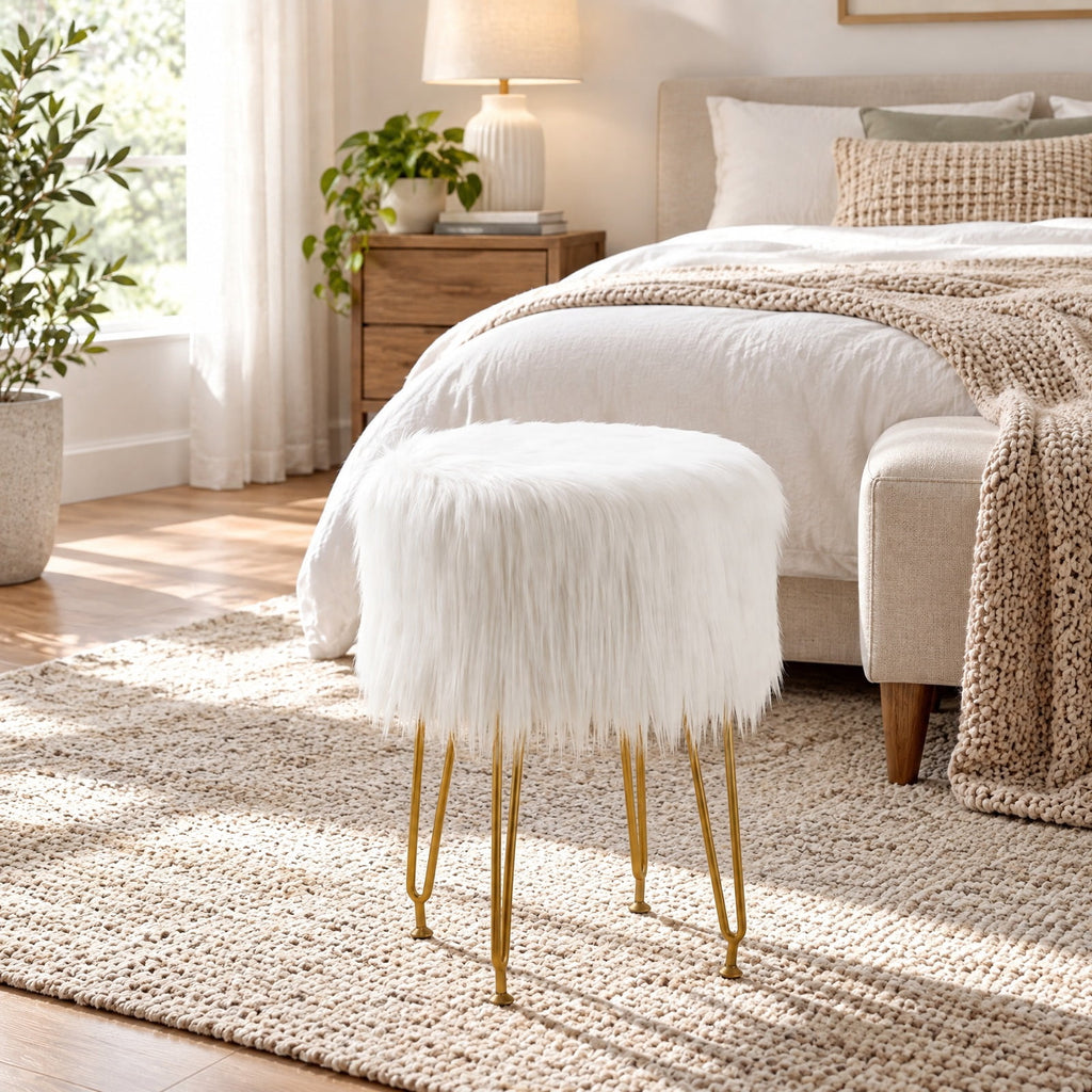 Airfind Faux Fur Vanity Stool Chair with Metal Legs for Bedroom and Living Room, 330 lbs Capacity, Faux Fur Sponge Metal MDF Plywood Frame, White