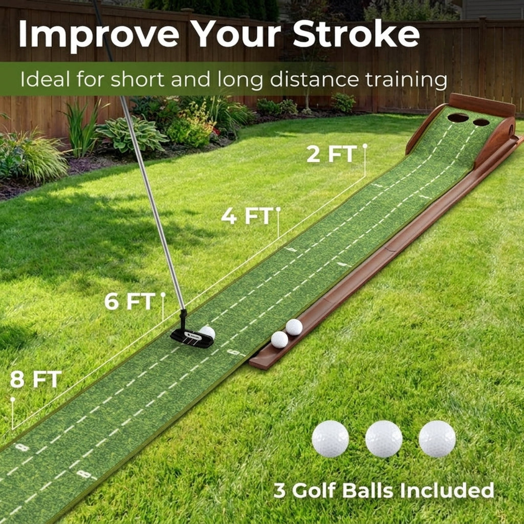 Airfind 10 ft Indoor Putting Mat with Wood Track, Auto Ball Return and 2 Hole Sizes, Brown