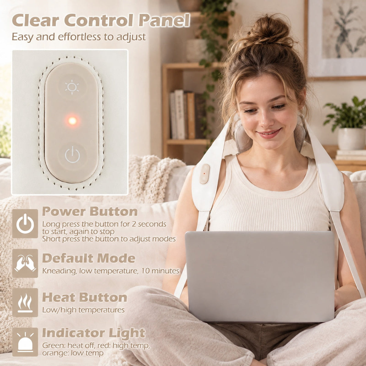 Airfind Neck Shoulder Massager with 2 Heat Levels for Pain Relief, PU ABS Silicone Frame, 8 x 20 x 5.5 Footprint, Beige