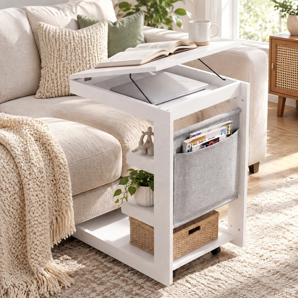 Airfind C-shaped End Table with Wheels and Adjustable Desktop for Sofa Couch Bedside, 210 lbs Capacity, Rubber Wood MDF Engineered Wood Fabric Frame