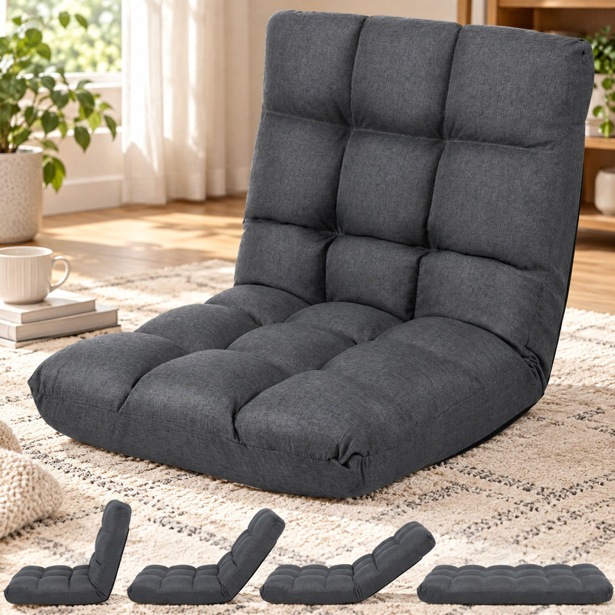 AIRFIND Floor Chair with 14-Position Adjustable Backrest, Padded Seat and Steel Frame, Lay-Flat Lounge Seat for Reading and Gaming, White